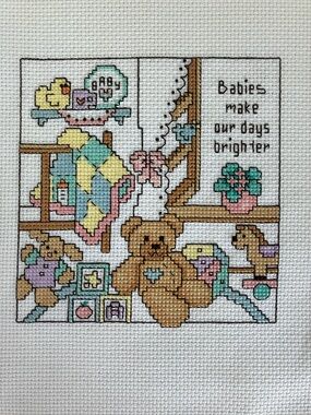 Hand Cross Stitch Baby Nursery Art - Pastel Teddy Toy Blanket Design Aprox 8x11